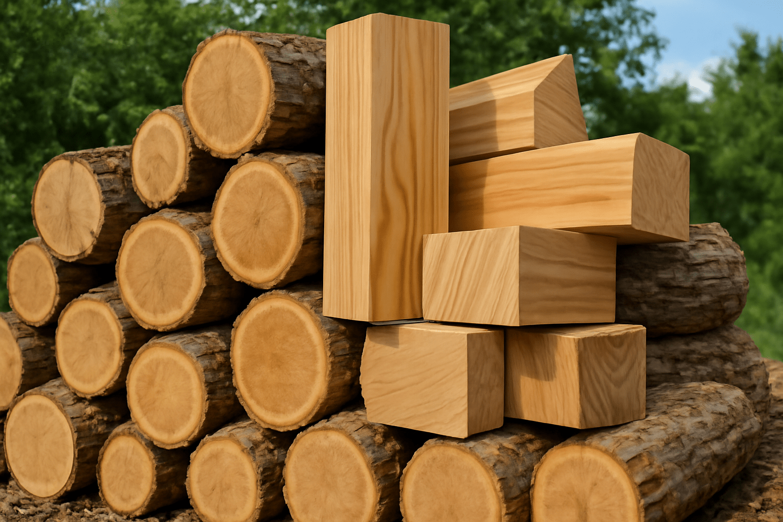 "Stacked hickory logs ready for firewood and woodworking projects."