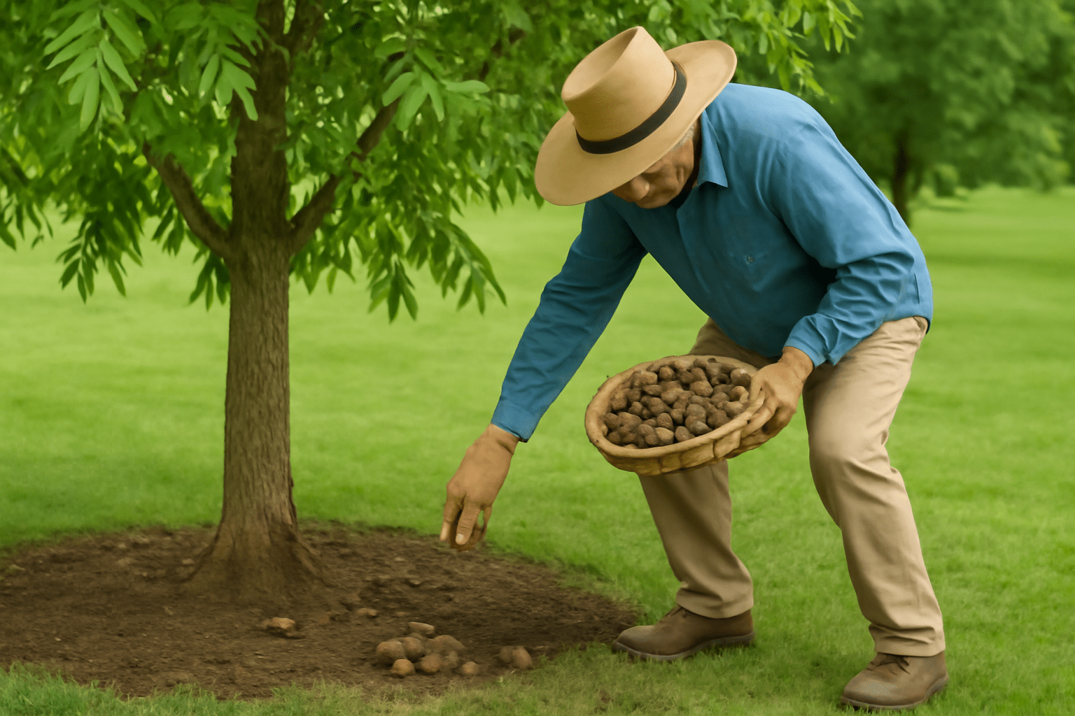 "Gardener harvesting mature pecans from a pecan tree, with the nuts falling or being hand-picked from the ground."