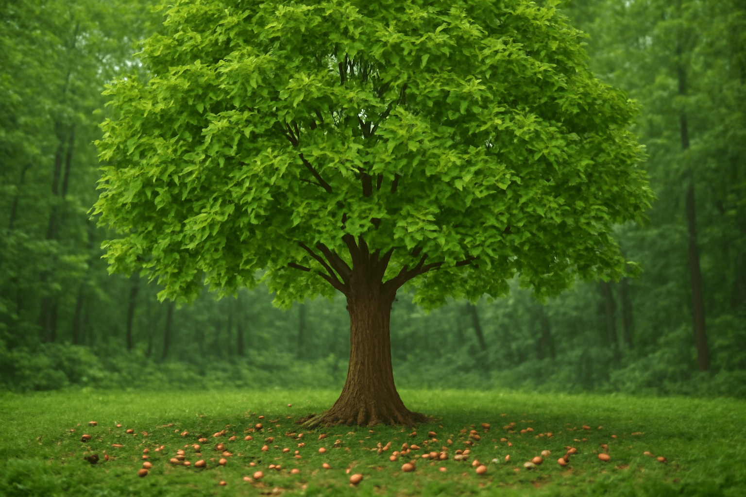 "Thriving hickory tree with a bountiful nut harvest and a healthy forest."