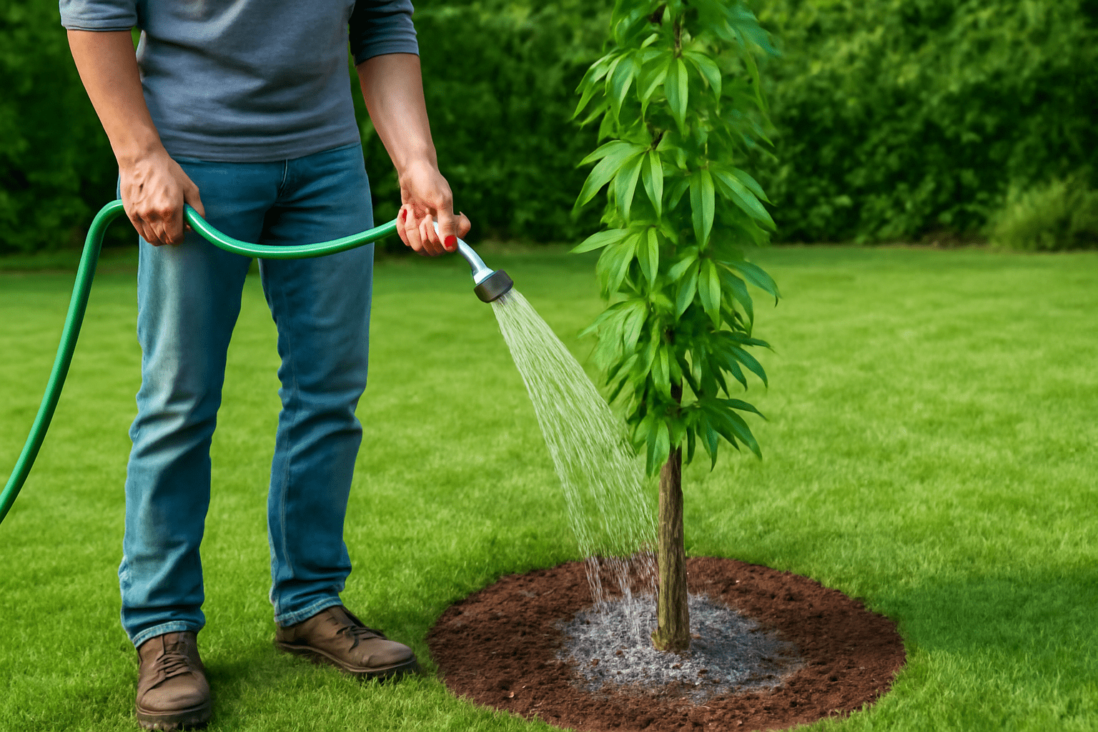 Person watering a young columnar sweetgum tree to encourage deep root growth.