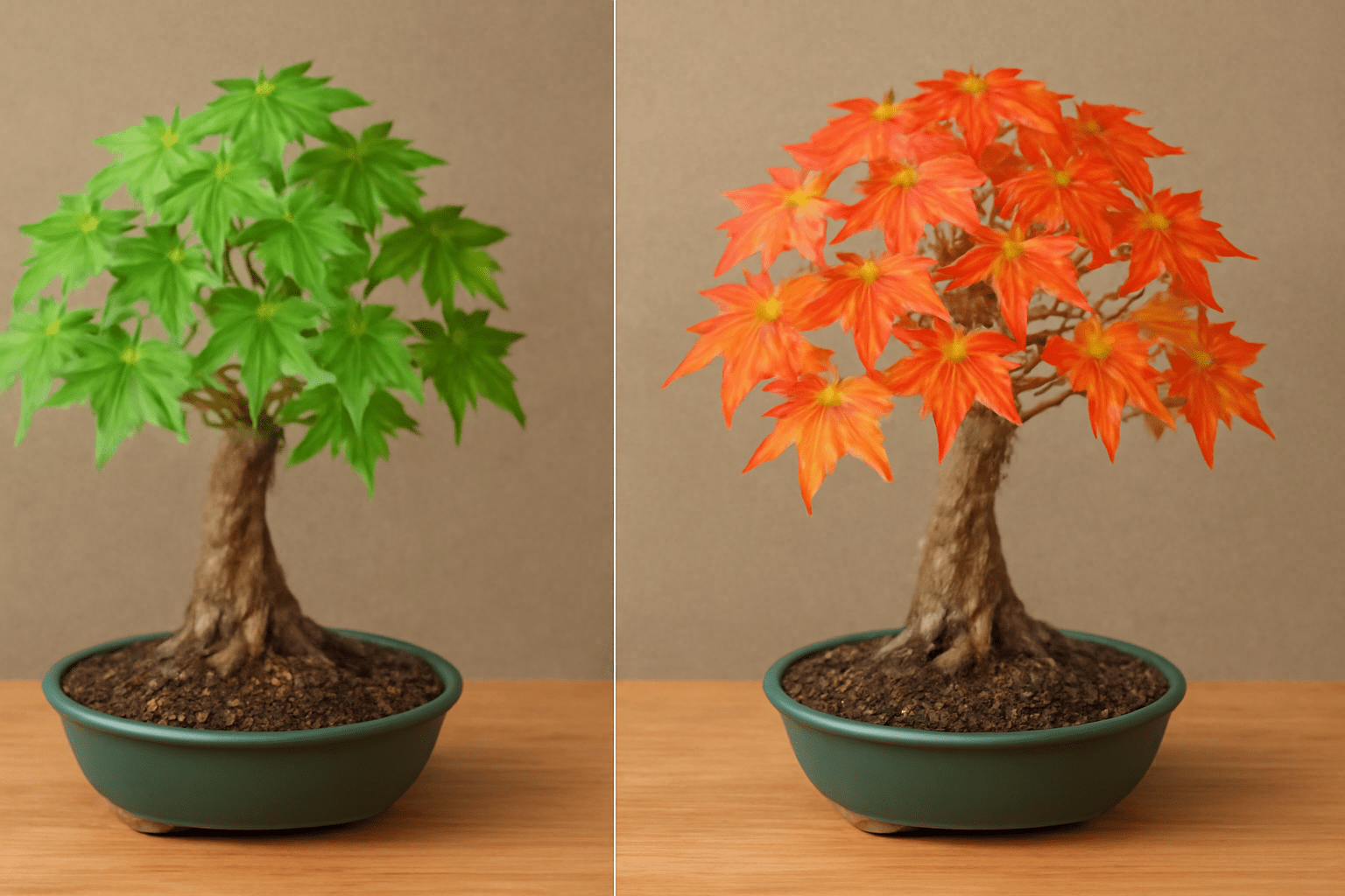 Seasonal transition of American Sweetgum Bonsai from lush green leaves in spring to vibrant red, orange, and yellow foliage in autumn.