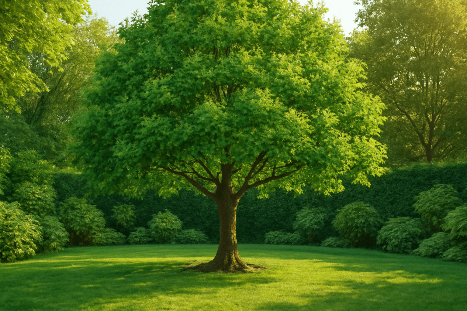Fully mature sweetgum tree with strong trunk and wide canopy, offering shade and beauty to the garden.