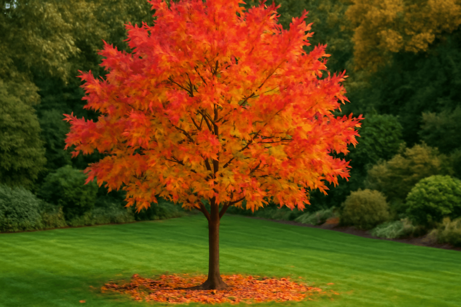 "Mature Chinese Sweetgum tree with vibrant fall colors in a beautiful garden."