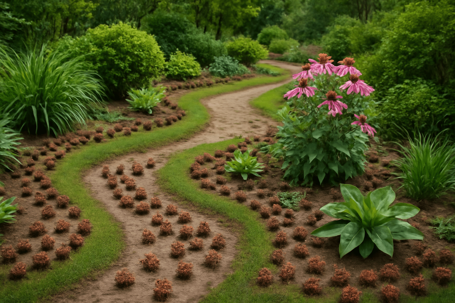 "Peaceful garden with sweetgum pods scattered creatively, enhancing the natural beauty of the landscape."