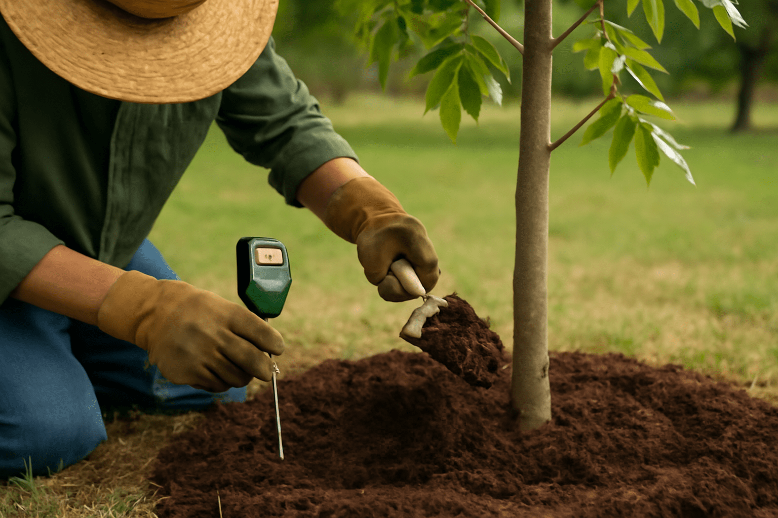 "Gardener testing soil pH and adding organic compost around the base of a Northern Pecan tree for optimal growth."