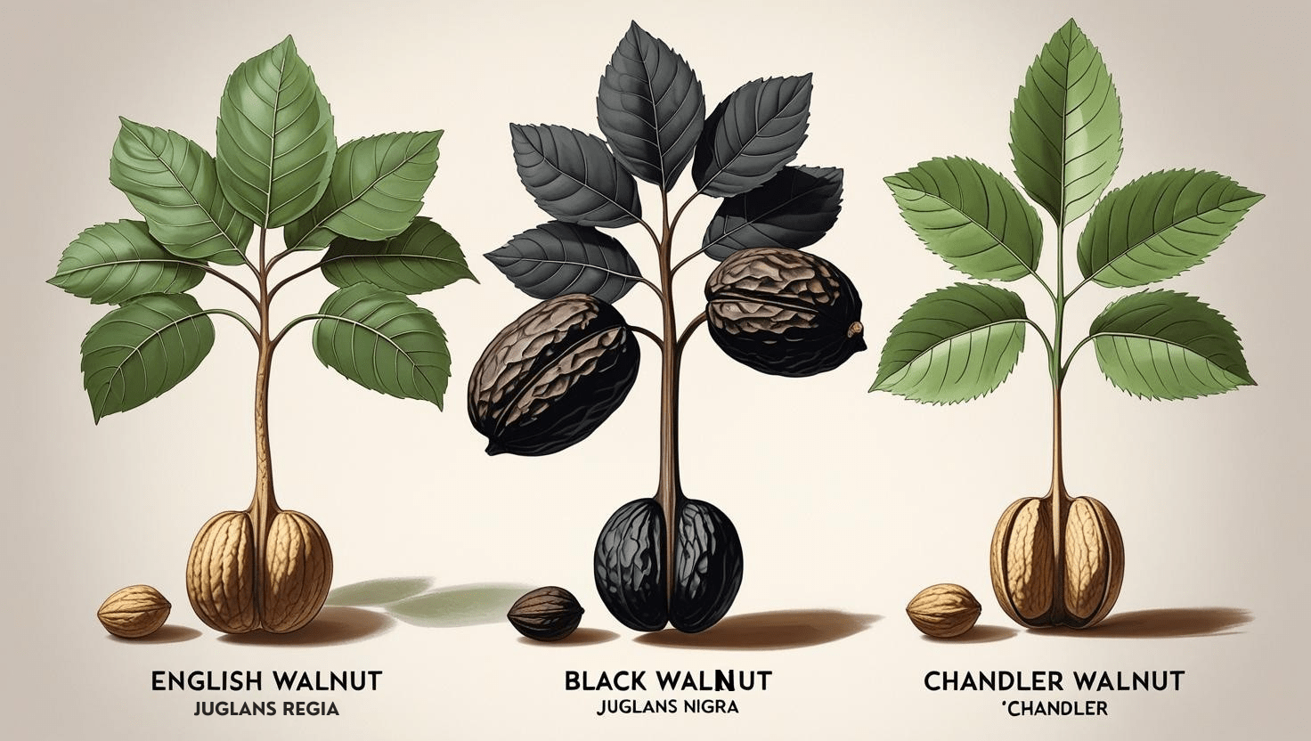 "Image showing walnut tree varieties like English Walnut, Black Walnut, and Chandler Walnut with their key features."