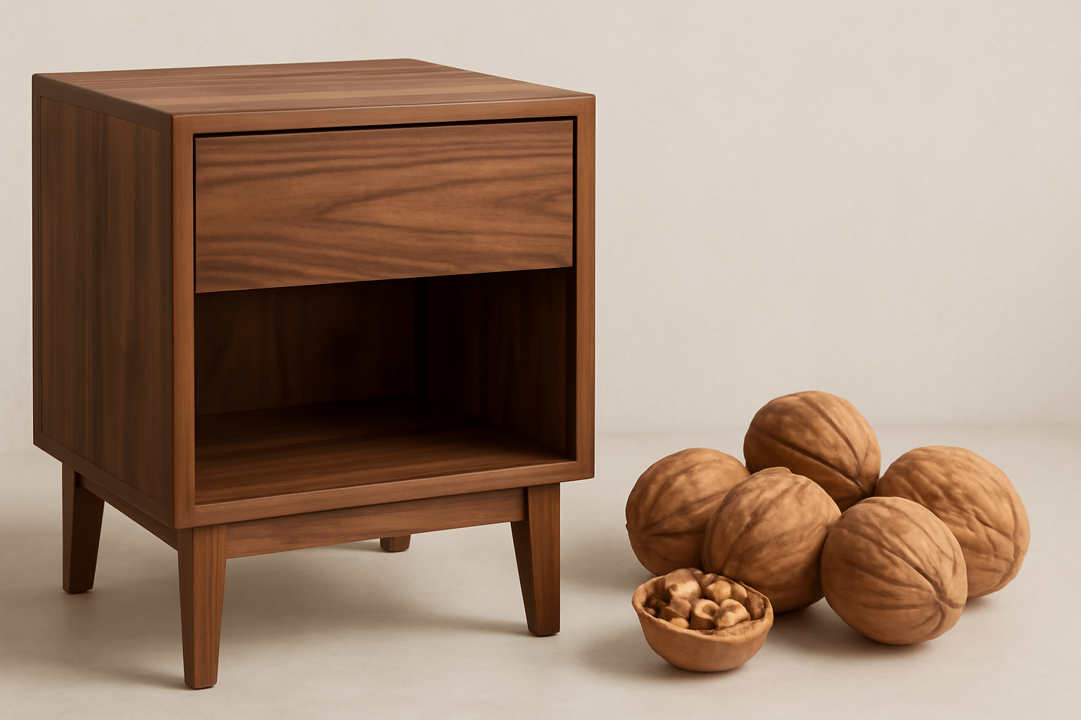 "Walnut wood furniture piece and harvested walnuts showcasing the tree’s versatility."