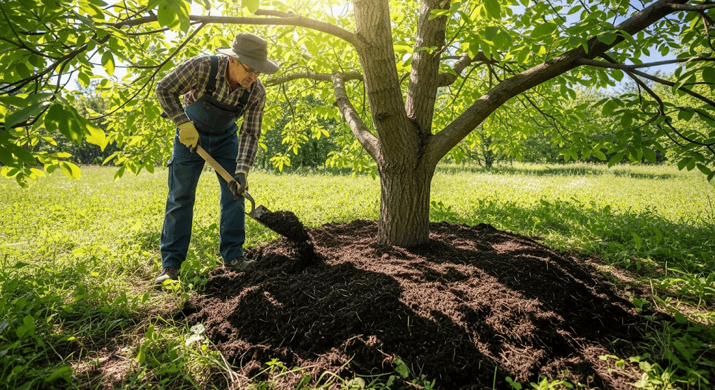 "Gardener adding compost to walnut tree soil for better nut yields"