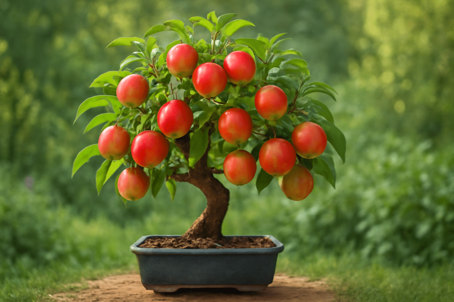 "Fully grown bonsai apple tree with abundant fruit, representing the success of home gardening."