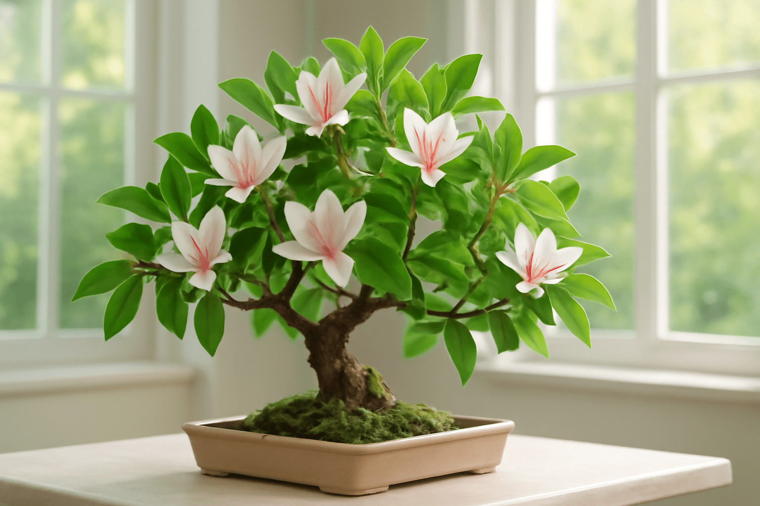 "Fully grown Magnolia Bonsai Tree with healthy green leaves and vibrant flowers, symbolizing successful bonsai care."