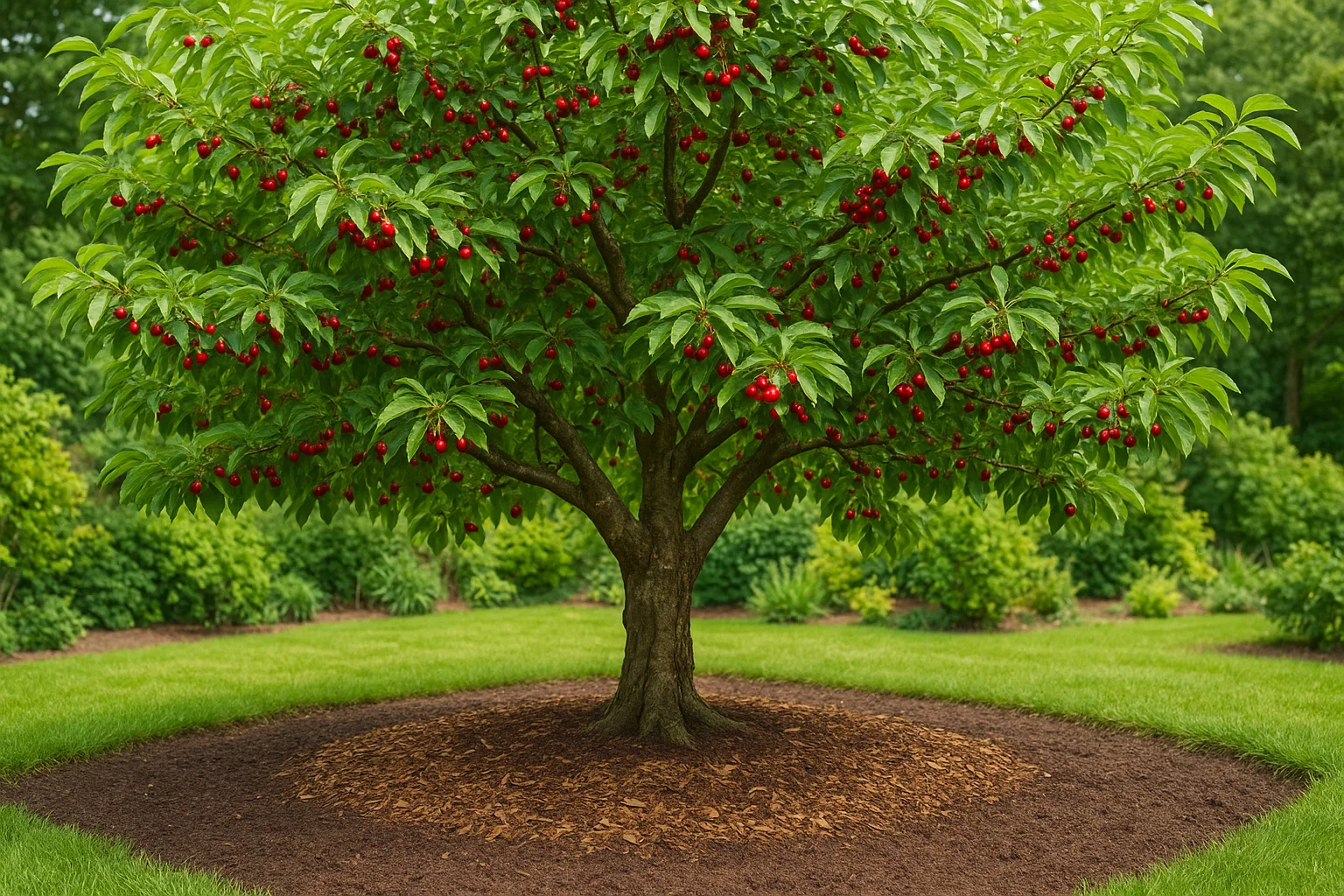A vibrant red fruit tree full of shiny cherries, surrounded by lush green grass in a beautifully landscaped garden.
