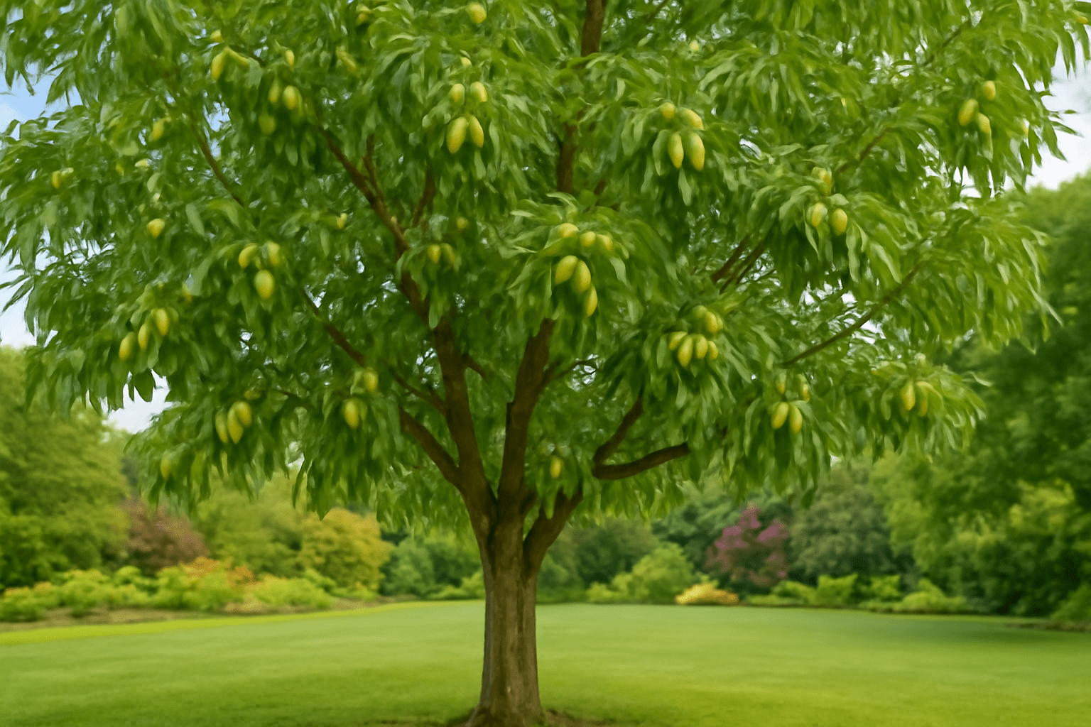 "Fully mature pecan tree with a bountiful harvest of pecans hanging from its branches in a thriving garden."