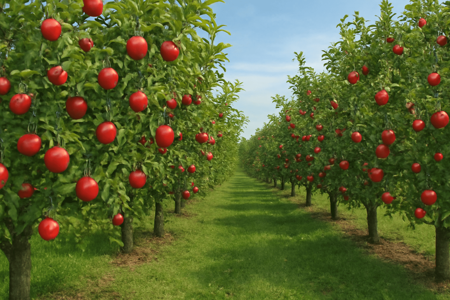 "McIntosh apple orchard with healthy, fully grown trees ready for harvest."