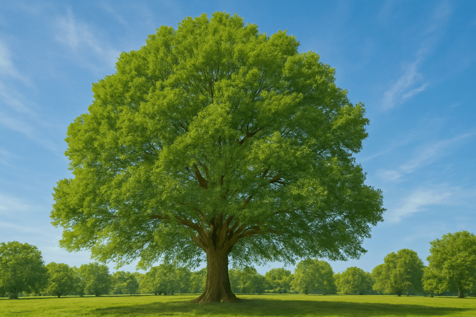 "Mature hickory tree with lush green leaves, symbolizing growth and success."