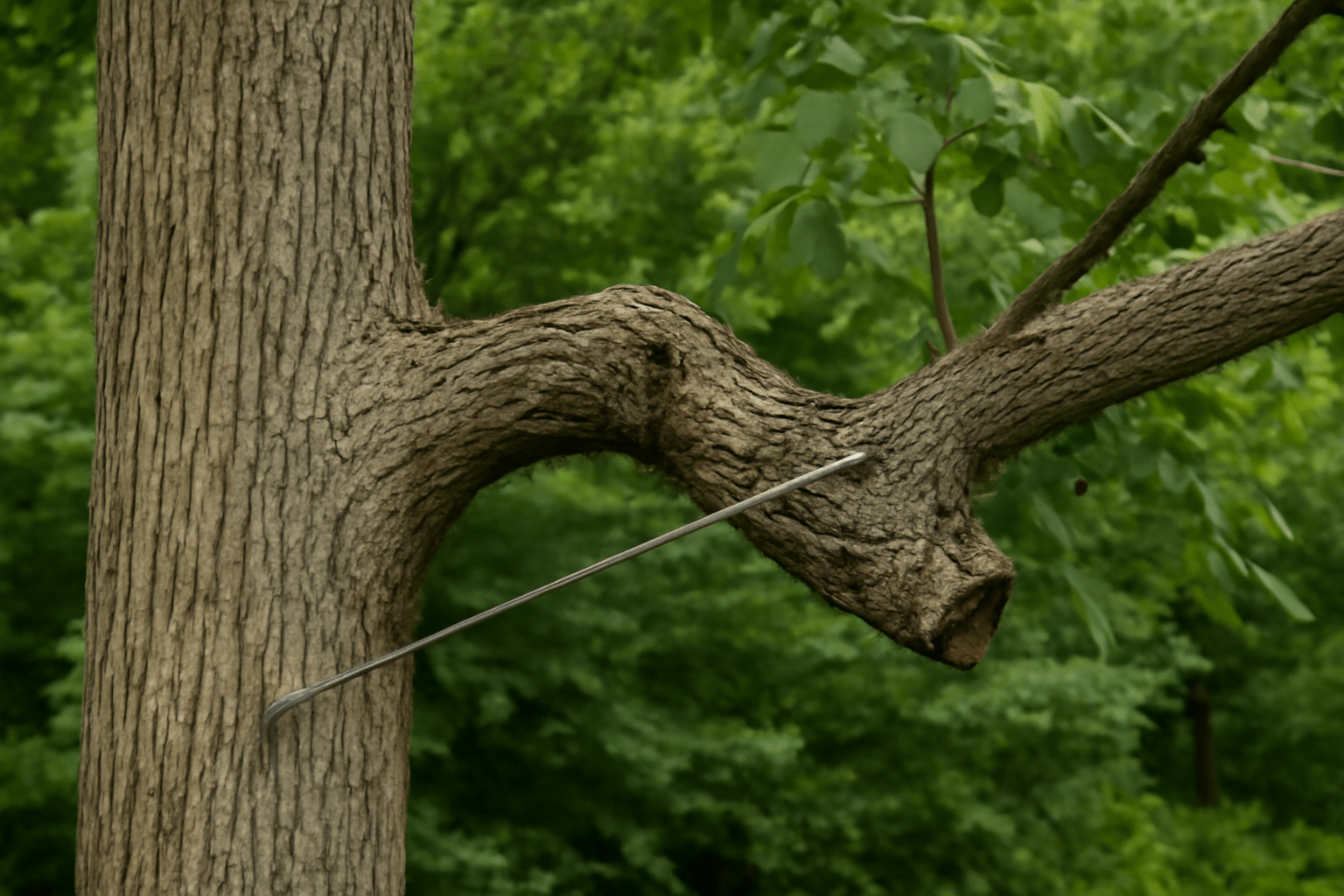 "An old hickory tree with a heavy, weak branch supported by a cable or brace to prevent breakage during storms."