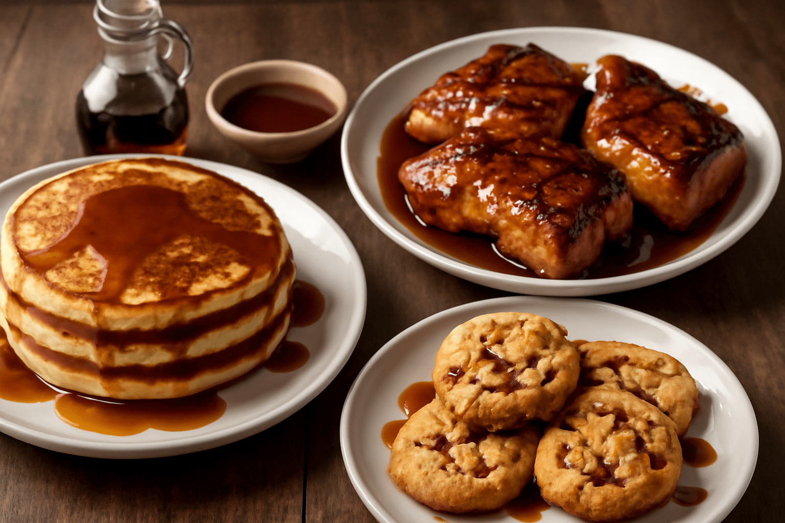  "Dishes like pancakes, meats, and baked goods topped with hickory syrup."