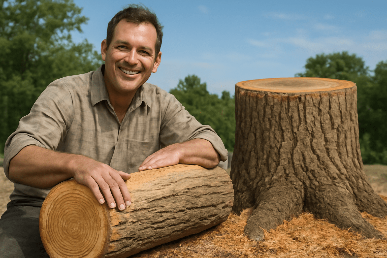 "Person standing next to a successfully felled hickory tree, proud of their work."