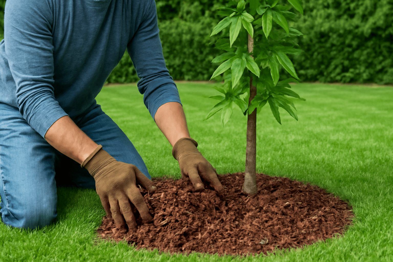 Gardener applying mulch around the base of a columnar sweetgum tree to retain moisture.