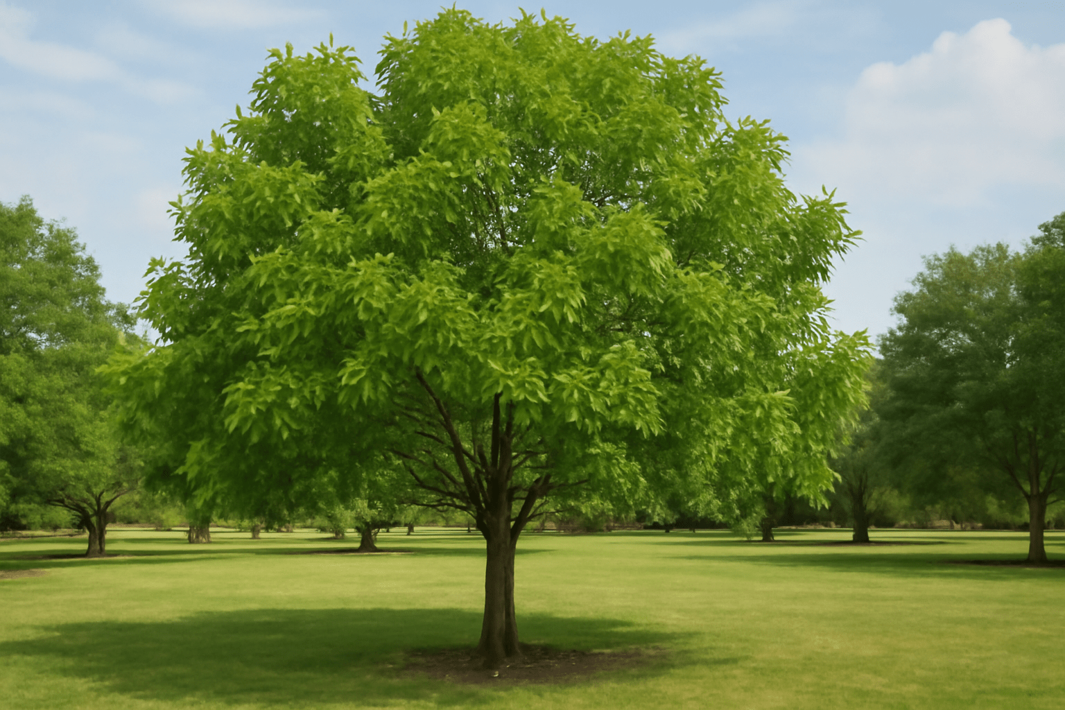 "Vibrant Northern Pecan tree in a beautiful orchard or backyard, symbolizing the rewards of successful cultivation and care."