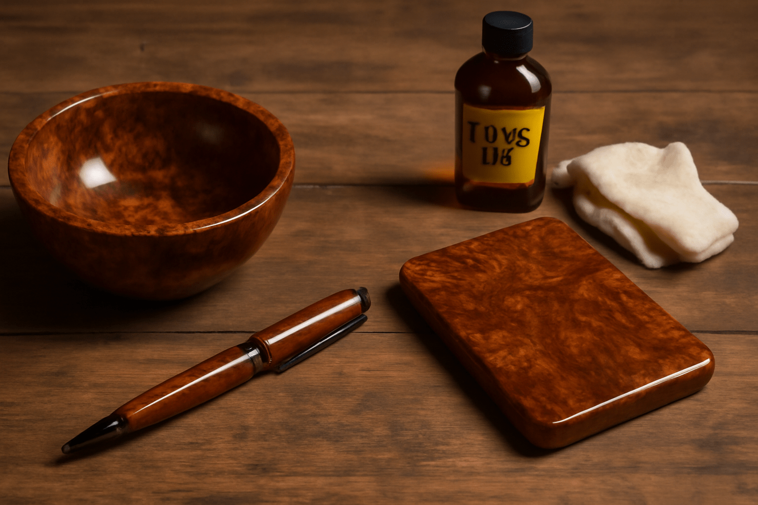 "Finished walnut tree burl projects, including a glossy bowl, pen, and cutting board, on a rustic table with tung oil and a polishing cloth, showcasing swirling grain patterns."