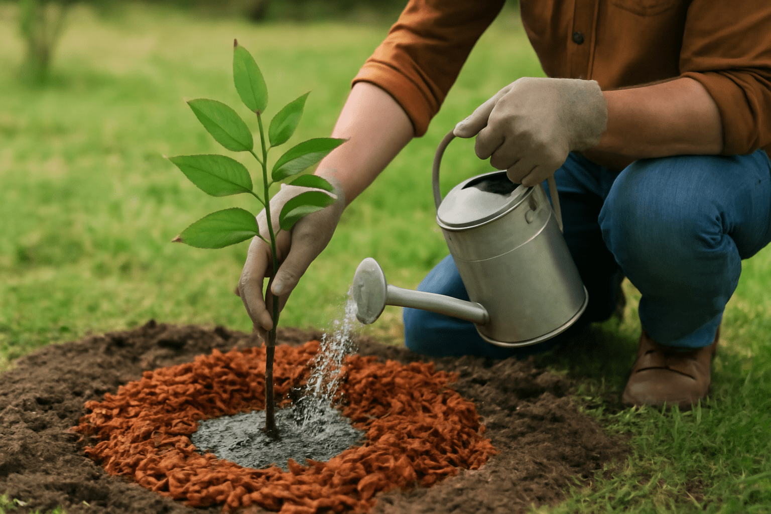 "Person planting walnut sapling with mulch and watering for proper growth."