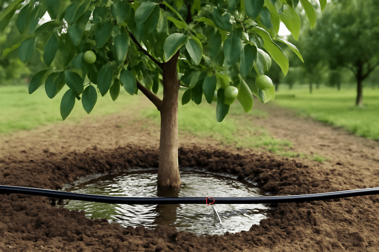"Watering walnut tree with drip irrigation for optimal growth and healthy nuts"