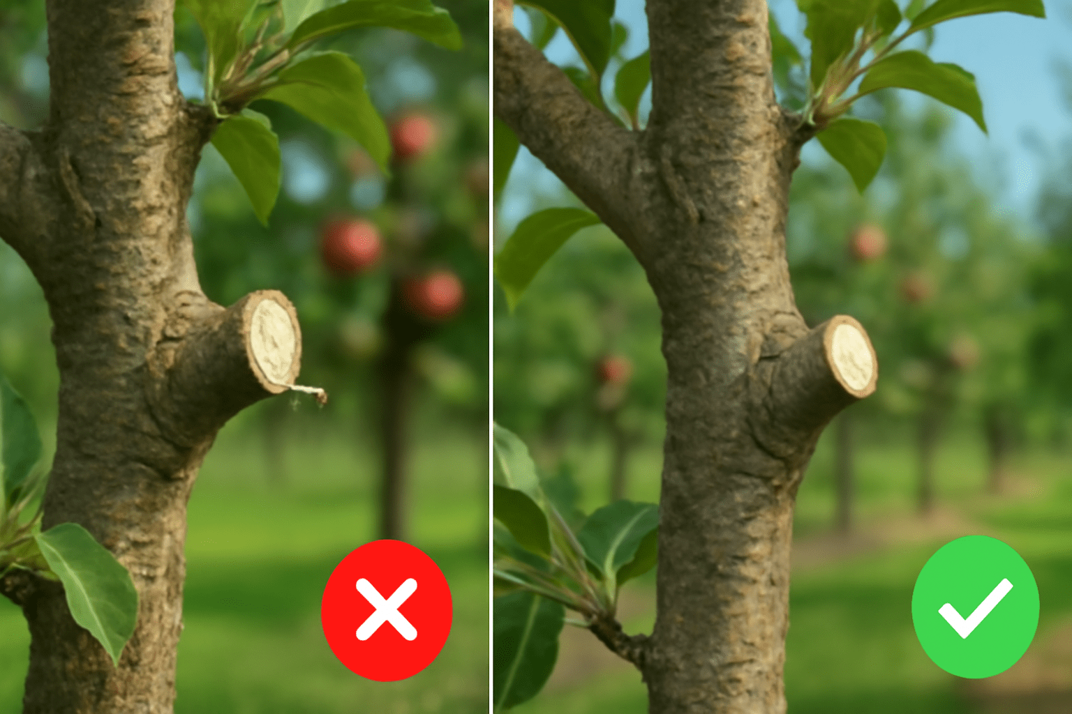 "Incorrect pruning of apple tree showing stubs and uneven cuts versus properly pruned tree with clean cuts."