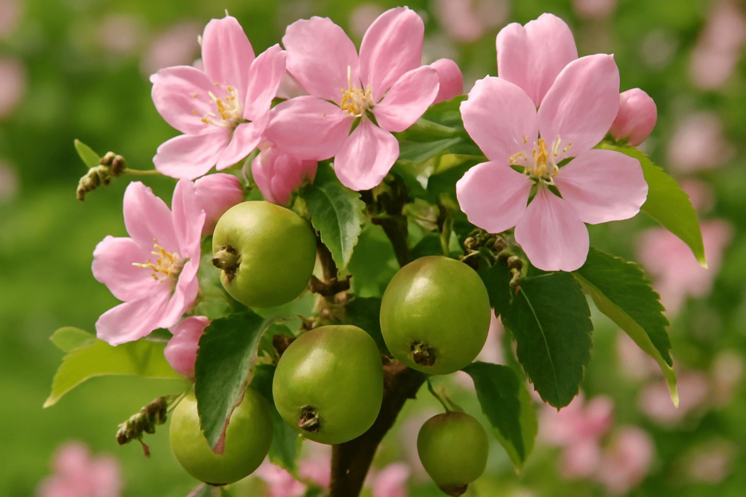 "Flowering apple tree in full bloom, with bees pollinating and fruit developing."