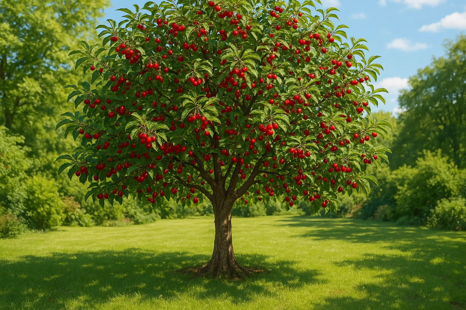 A vibrant cherry tree bursting with bright red cherries, standing on lush green grass under a clear blue sky.