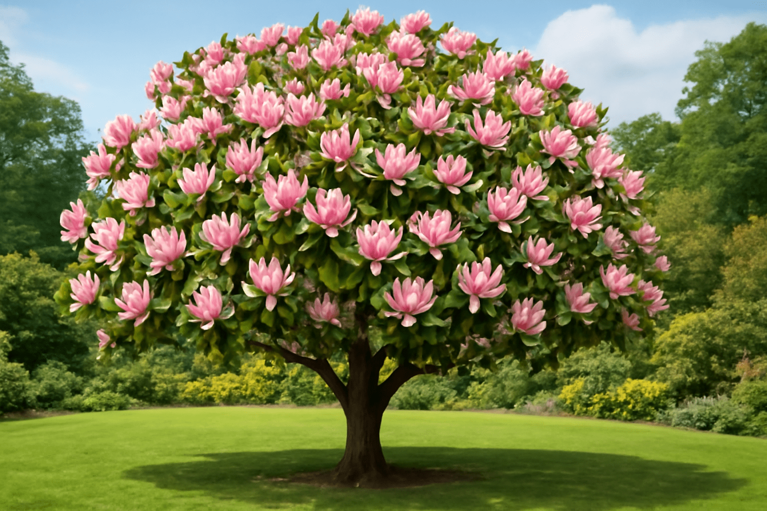 "Fully grown magnolia tree in bloom with vibrant flowers and glossy leaves in a lush garden"