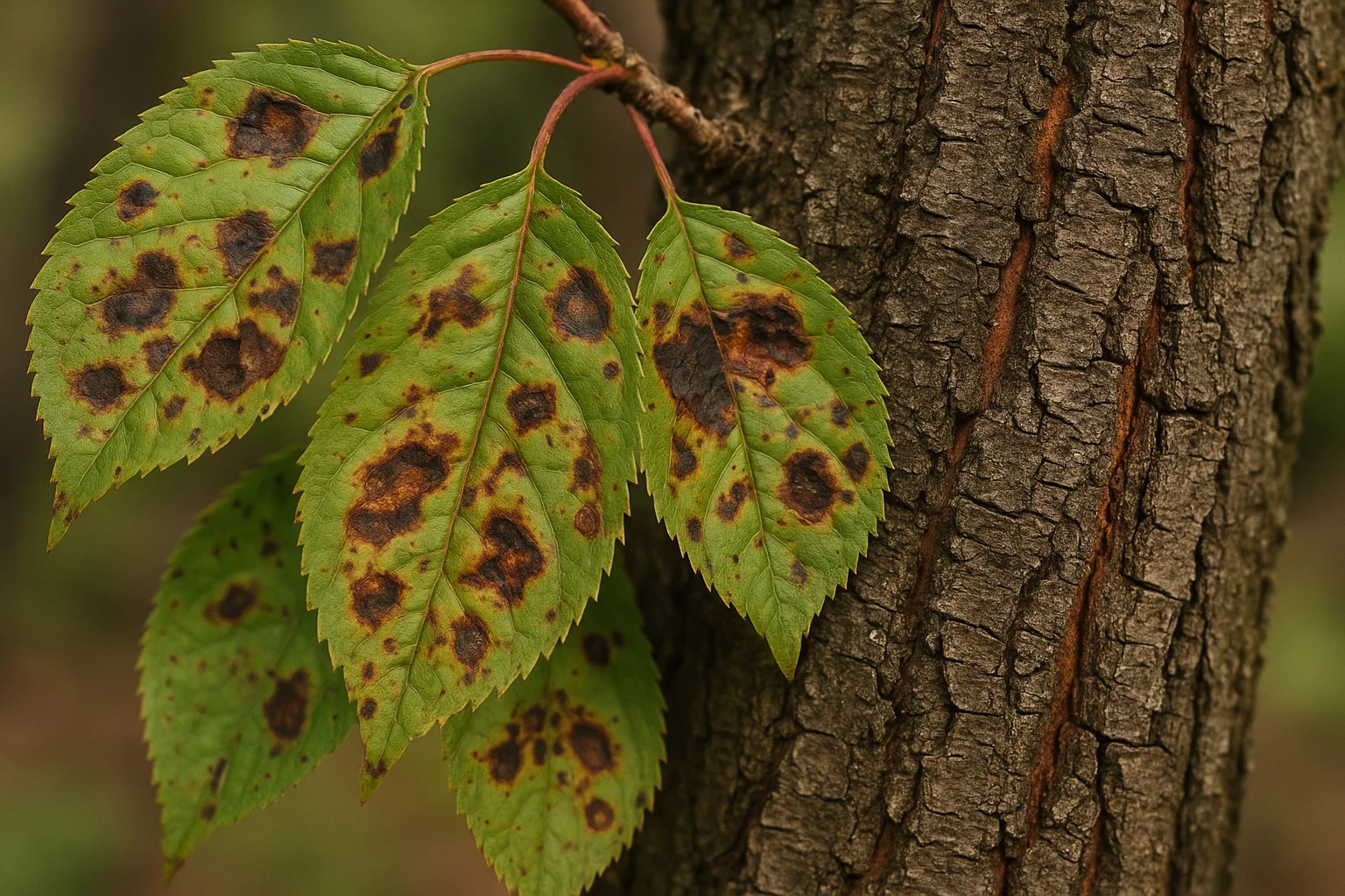 Close-up view of autumn leaves on a branch, highlighting their intricate textures and colors.