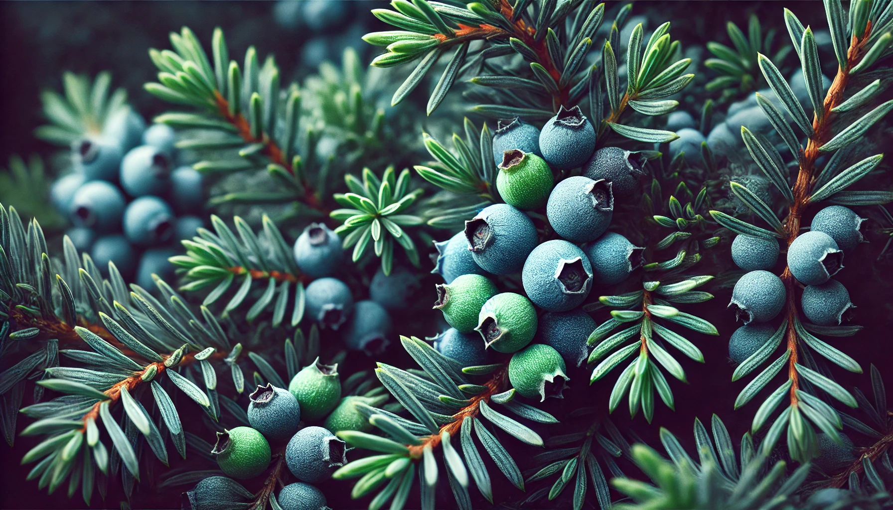 Close-up of green and blue berries nestled among lush green pine needles, creating a vibrant natural scene.