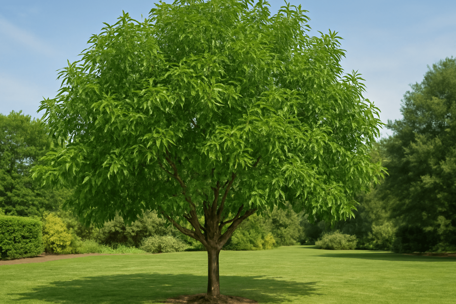 "Healthy and well-maintained Northern Pecan tree with green leaves and strong branches."