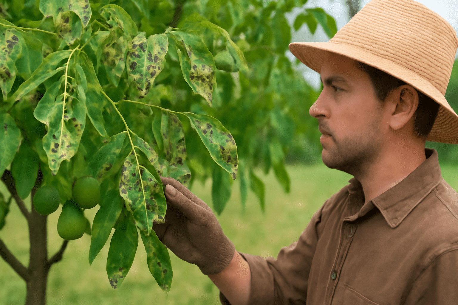 "Walnut tree with pest damage on leaves, gardener inspecting tree for issues."