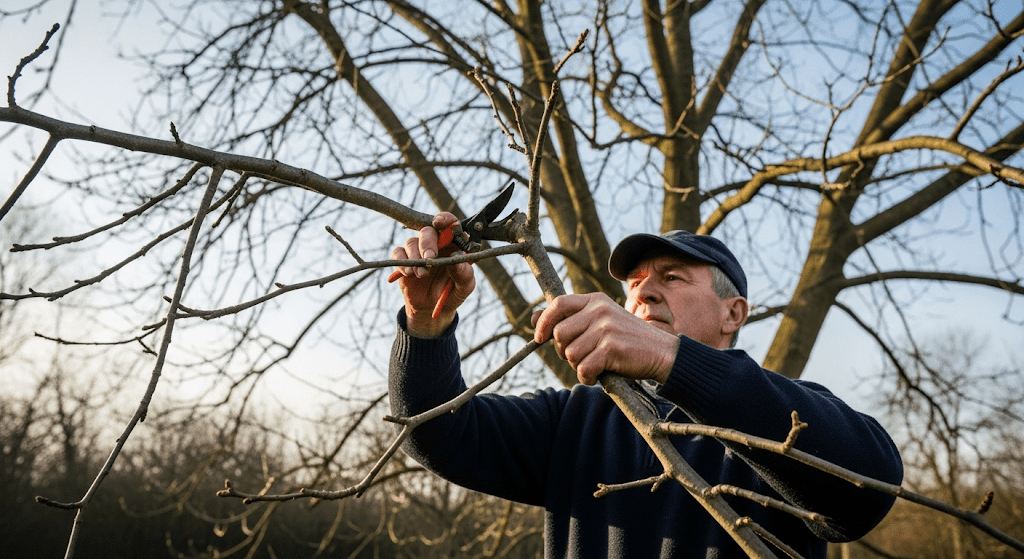 "Gardener pruning walnut tree to encourage healthy growth and nut production"