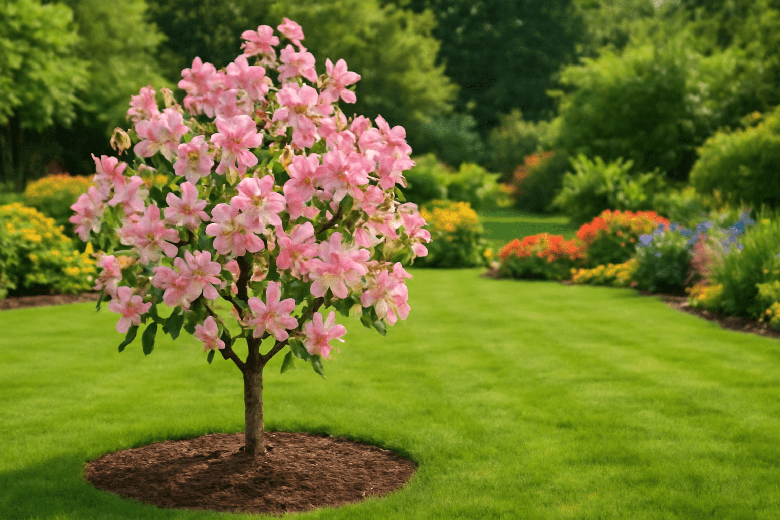 "A beautiful garden with a healthy flowering apple tree in full bloom, symbolizing successful care and growth."