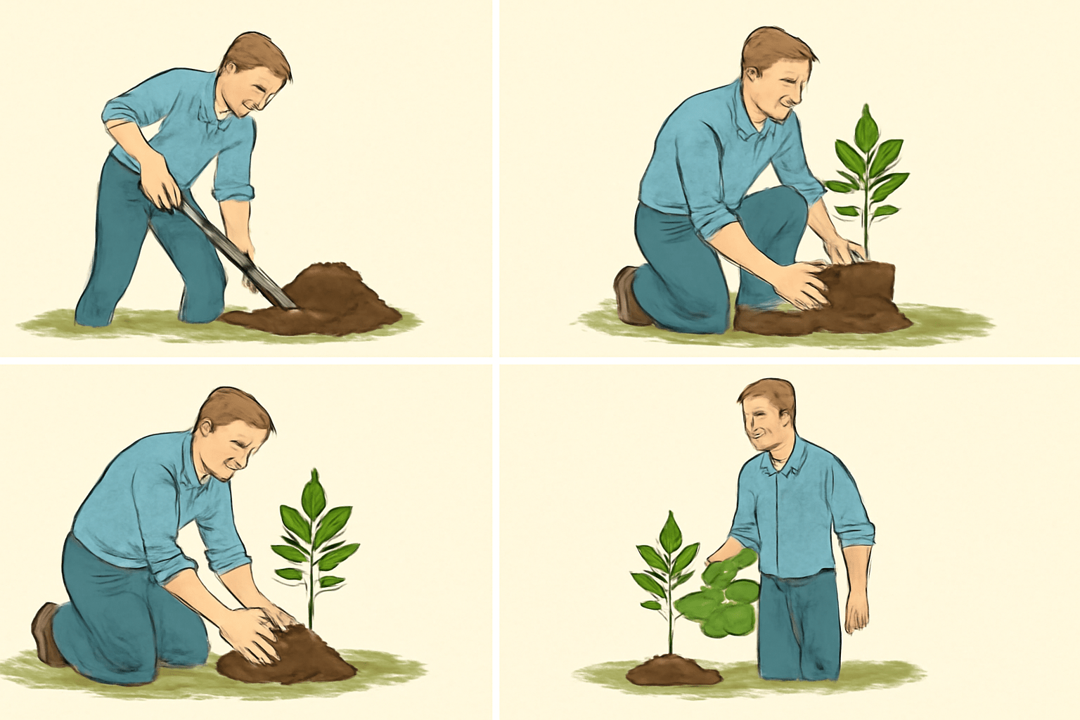 "Step-by-step illustration showing a person planting a hickory tree, from digging the hole to watering the newly planted tree."