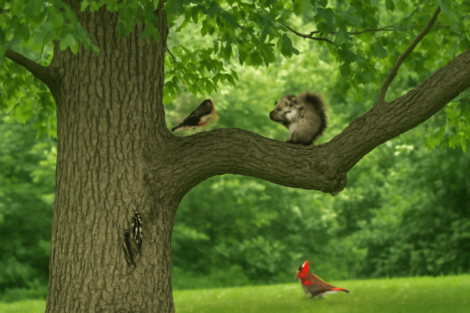 "Mature hickory tree providing shade and shelter for wildlife."