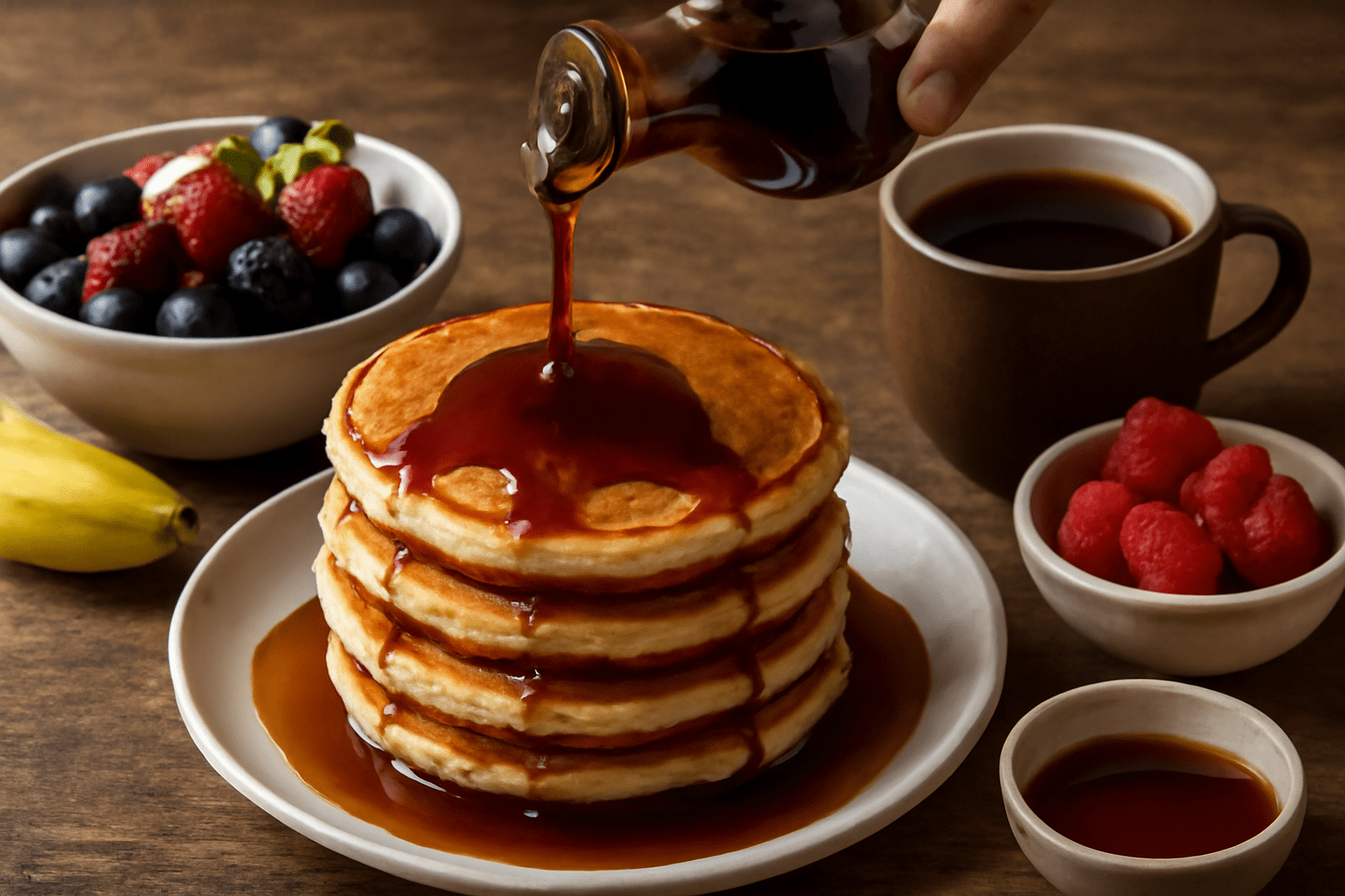 "Pouring hickory syrup onto pancakes for a delicious breakfast." 