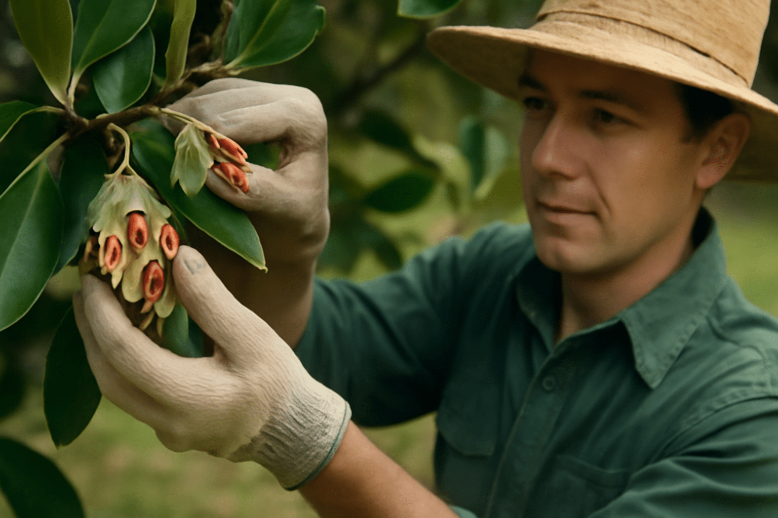 "Gardener harvesting magnolia seed cones from a tree with seeds visible inside"