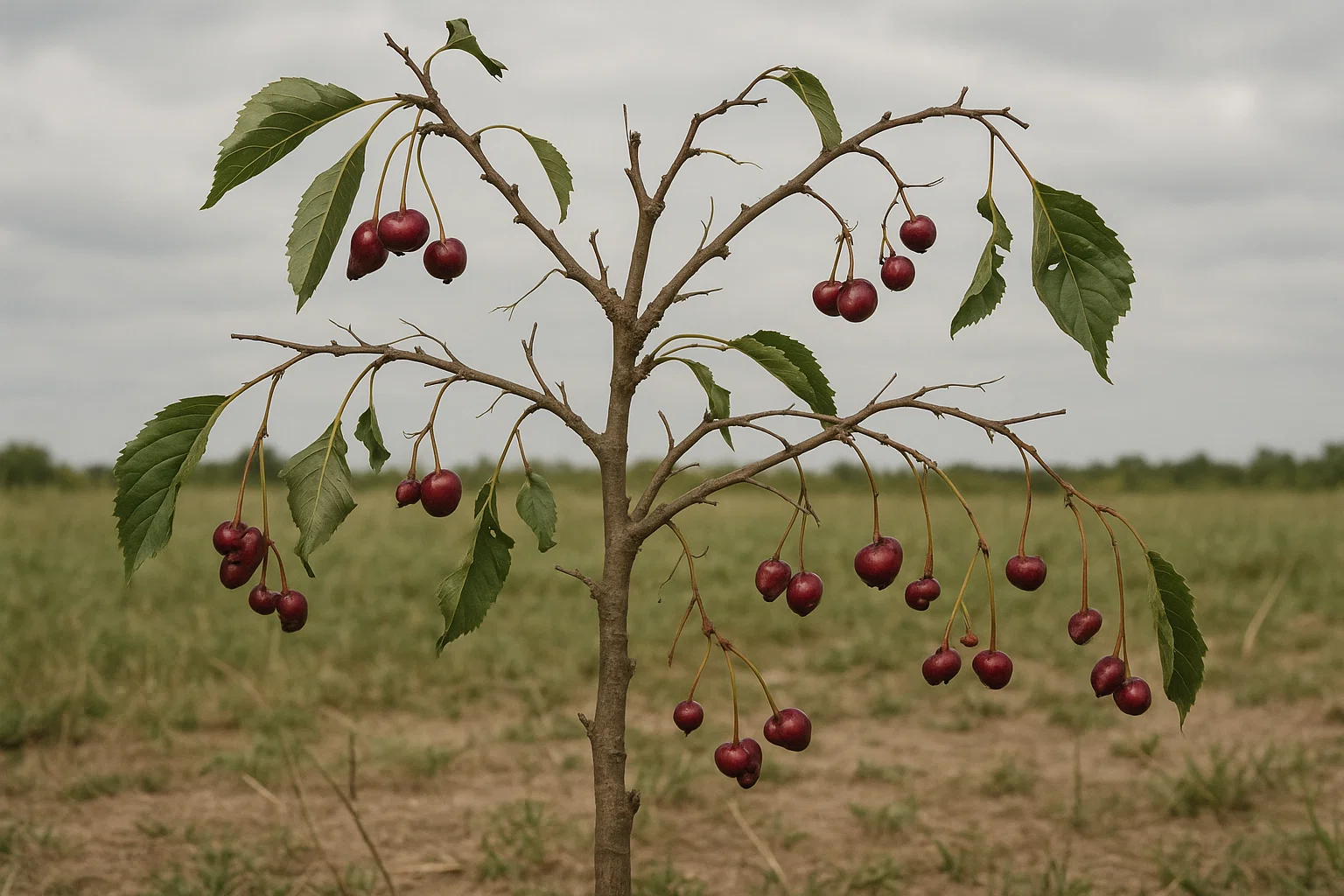 A tree filled with red berries, set against a backdrop of a clear sky and green grass in an outdoor field during autumn.