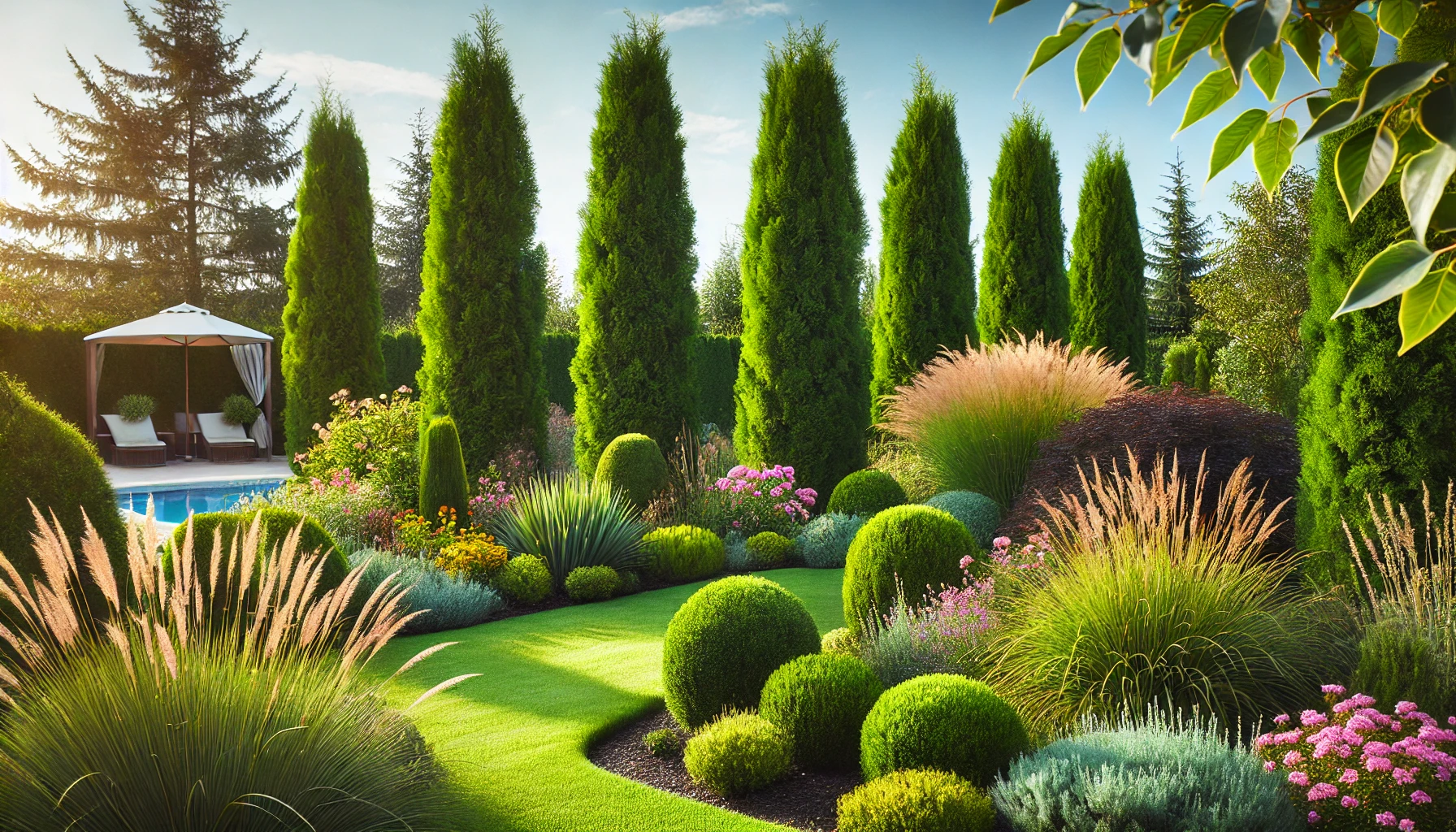 A lush garden features manicured hedges, blooming flowers, ornamental grasses, and a shaded seating area by a swimming pool.