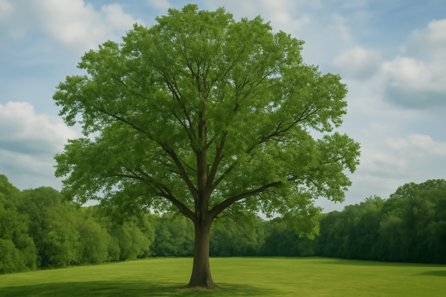 "Old hickory tree standing tall in a scenic landscape, symbolizing its longevity and ecological importance."