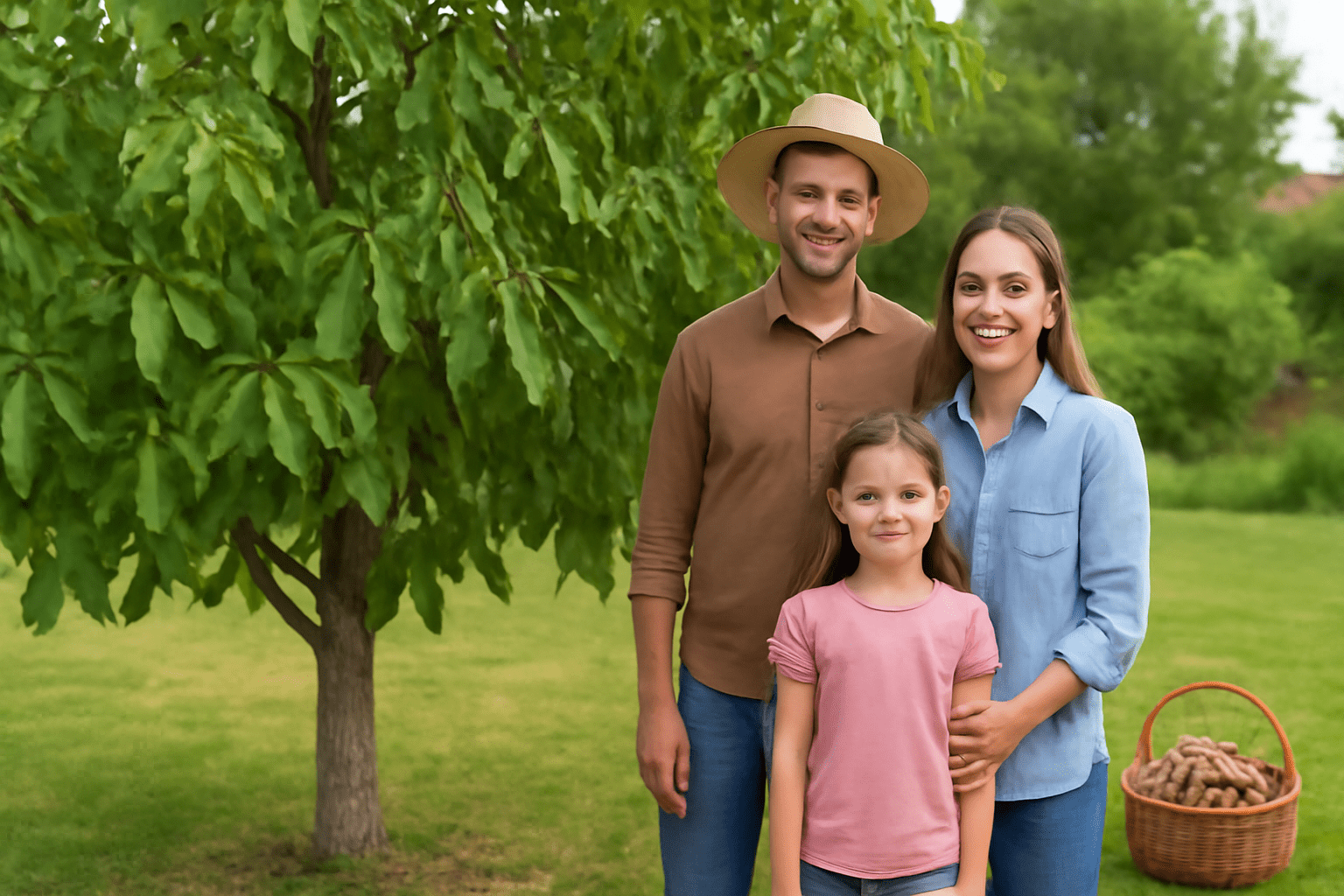 "Family or gardener standing next to a fully grown walnut tree with baskets of walnuts in the backyard."