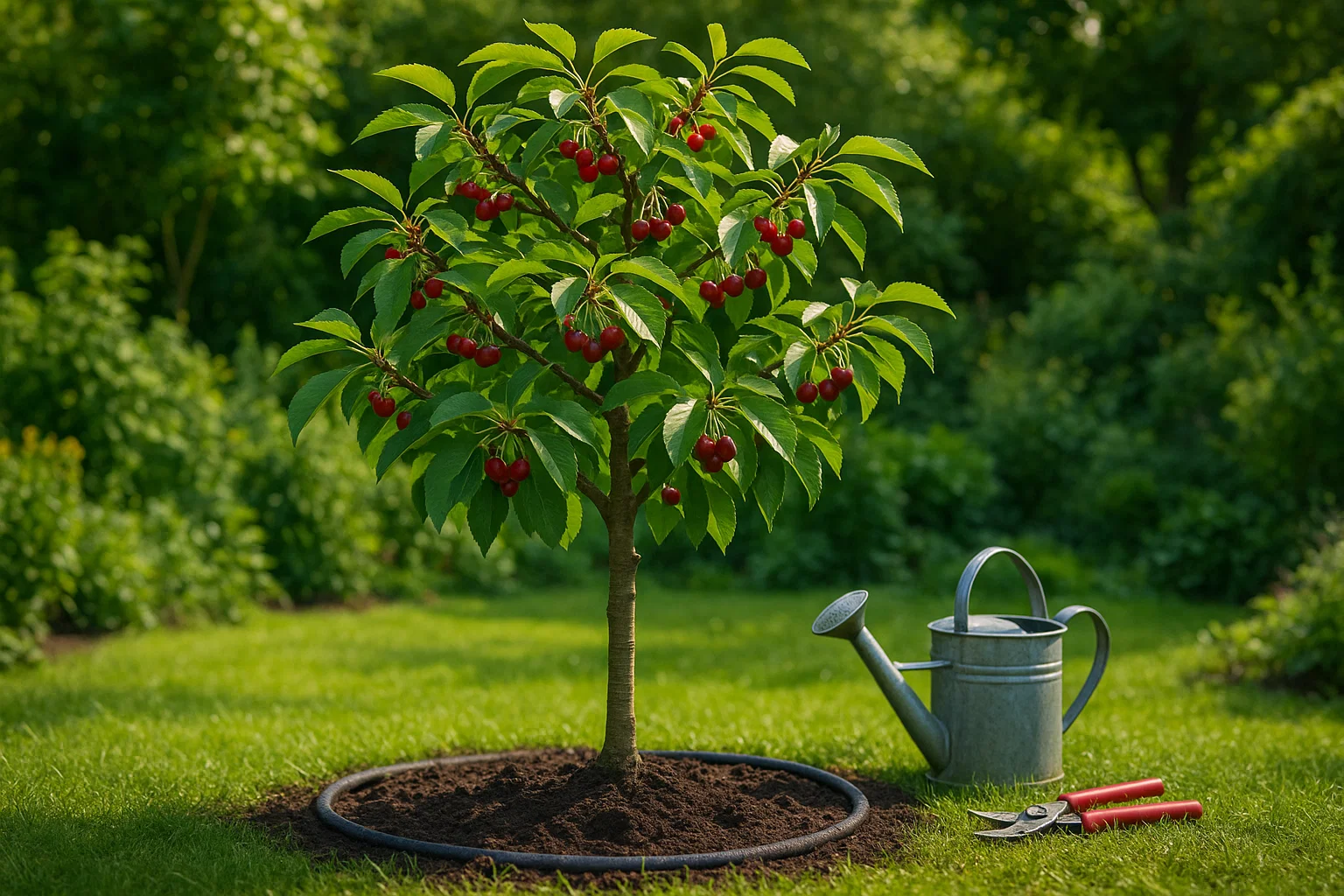 A cherry tree laden with bright red berries, surrounded by green grass in a garden setting.