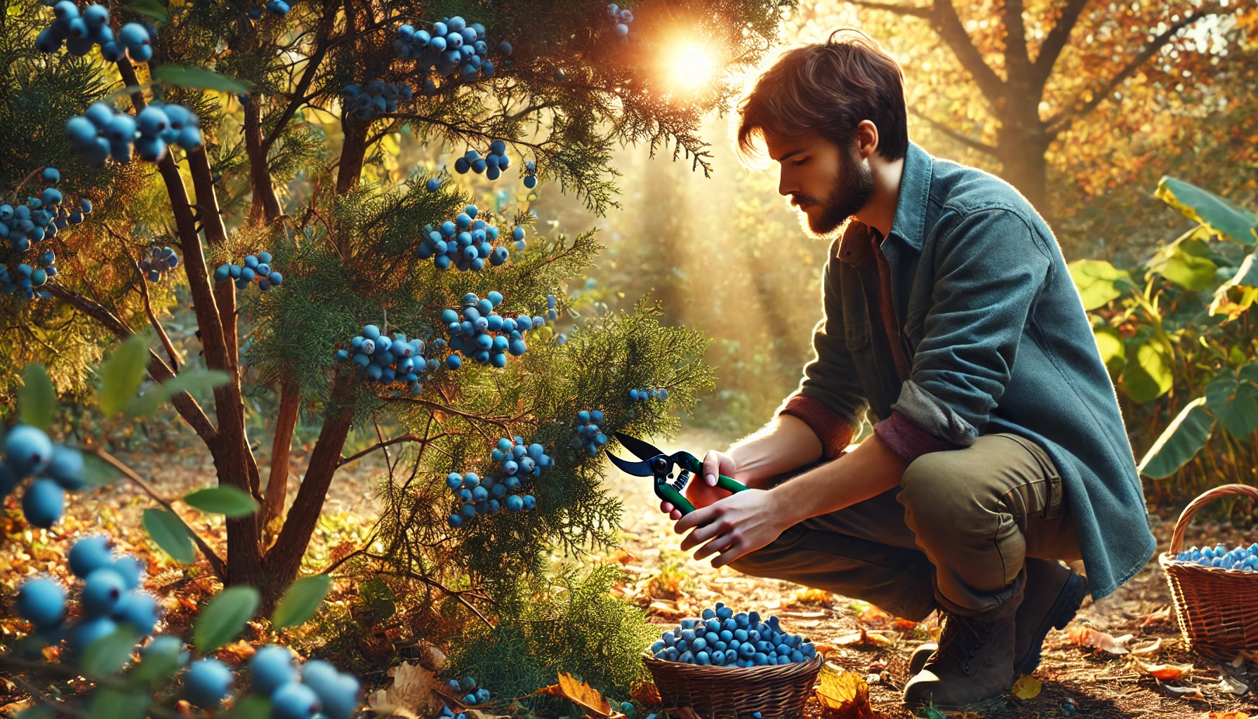 A person kneels beside a berry-laden bush, pruning with garden shears, sunlight filtering through trees, two baskets filled with berries nearby.