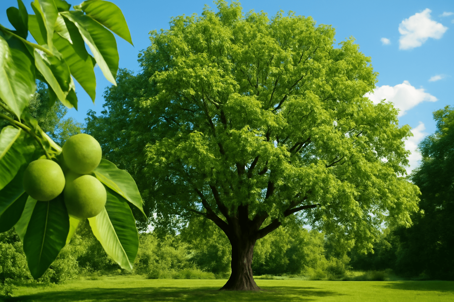 "Mature English Walnut tree with a broad canopy and medium-sized walnuts hanging from the branches in an orchard."