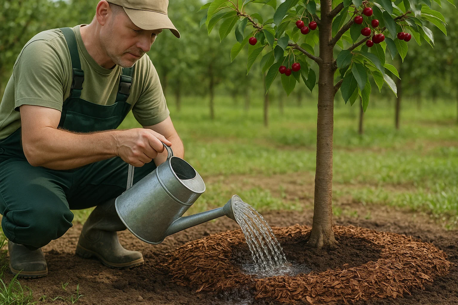 A man waters a small tree in an outdoor setting, surrounded by grass and soil. He is wearing casual clothing and using a watering can or similar tool.