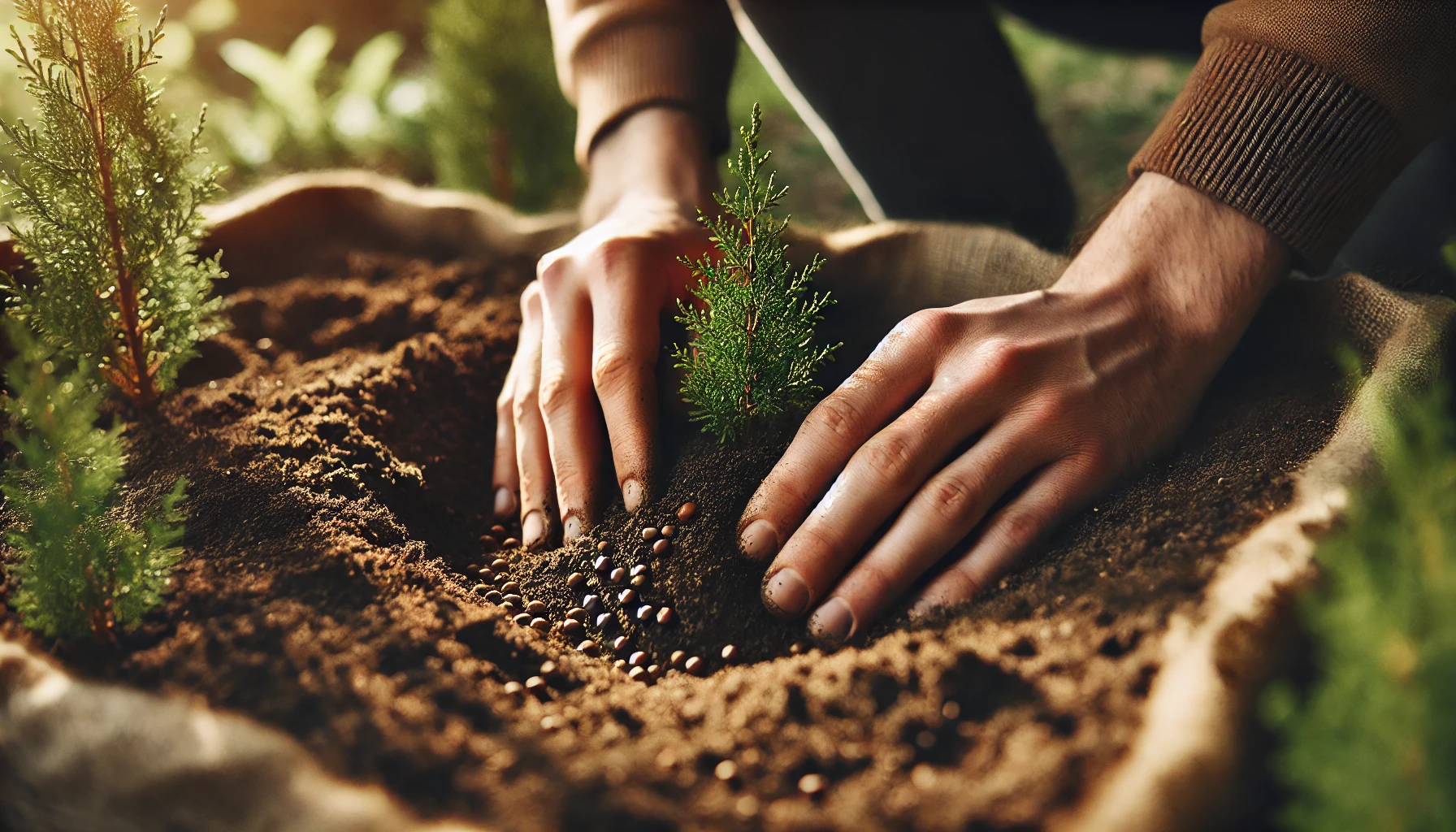 A person’s hands plant a small evergreen seedling into rich soil, surrounded by scattered seeds and soft sunlight illuminating the scene.
