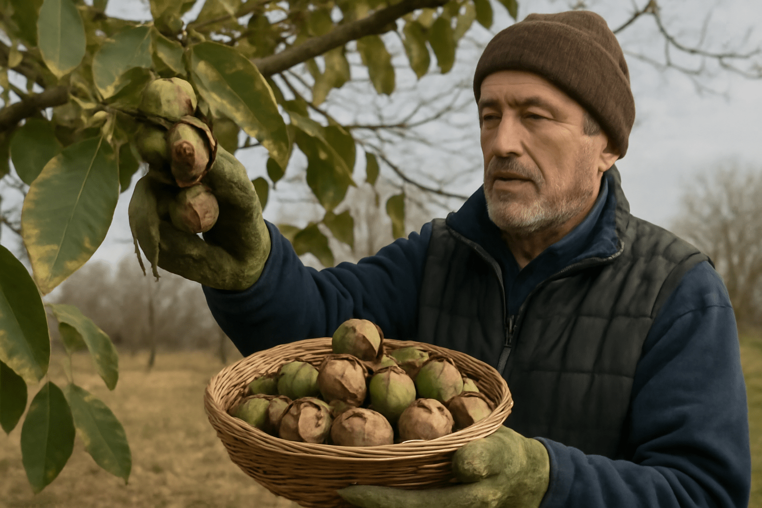 "A gardener harvesting walnuts with the outer husk cracking, indicating the optimal time for collection and storage."